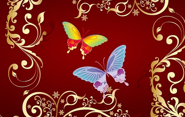 butterflies within a ornamental frame over rose red background