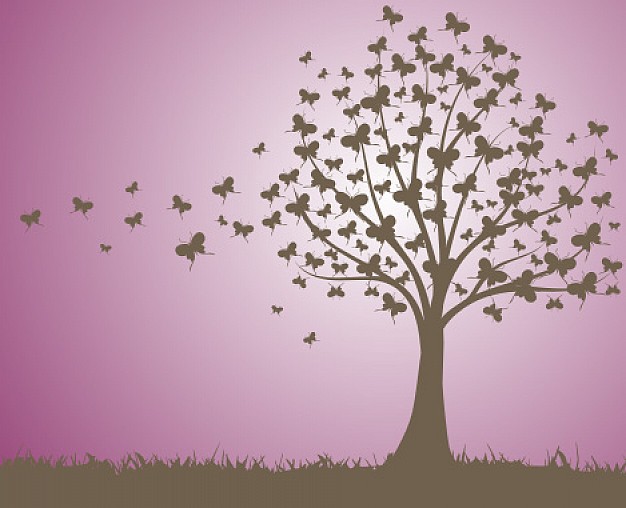 Butterfly tree over purple sky background