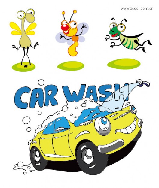 cars wash cover Vector material with Cartoon insects bee