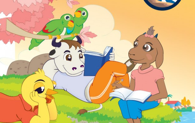 cartoon Animals Reading Books with cow sheep bird duck