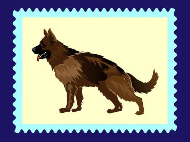 Cartoon dog side view german shepherd with yellow stamp background