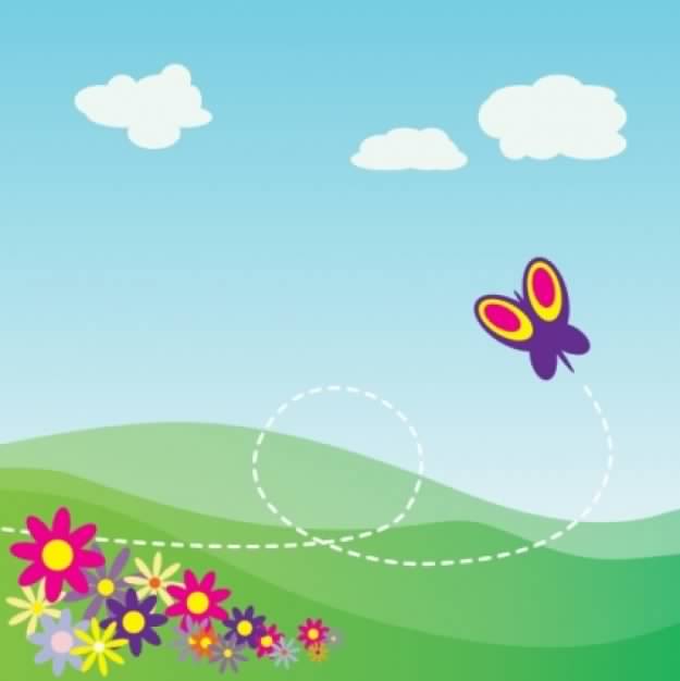 Cartoon Hillside landscape With Butterfly And Flowers clip art