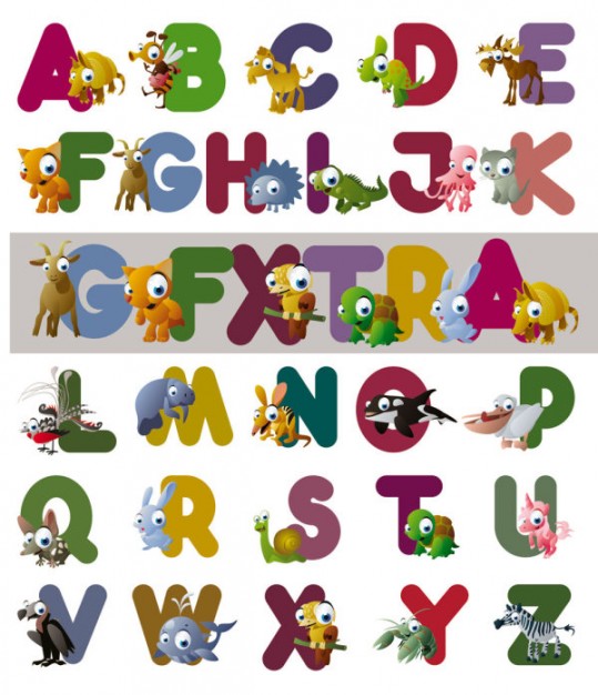 cartoon letters of the alphabet with cute animals of big eyes like donkey