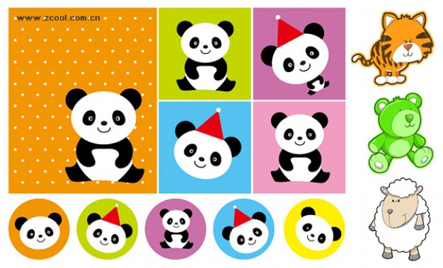 cartoon pandas in grid or circle and tiger bear sheep