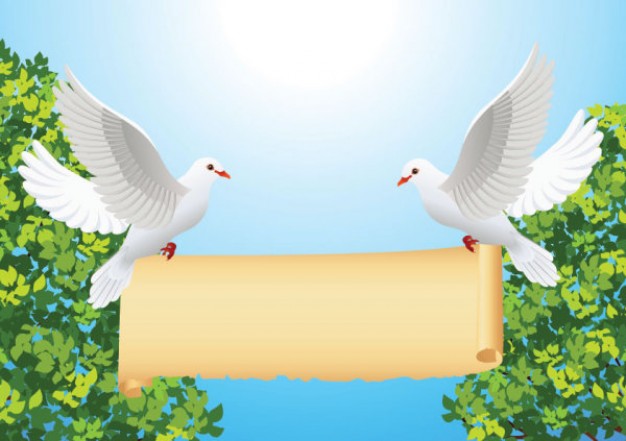 Cartoon peace dove pair and roll with tree and water sun background