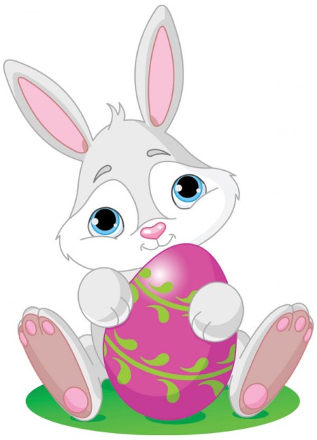 Cartoon rabbit and pink egg aroundded by tree swirl