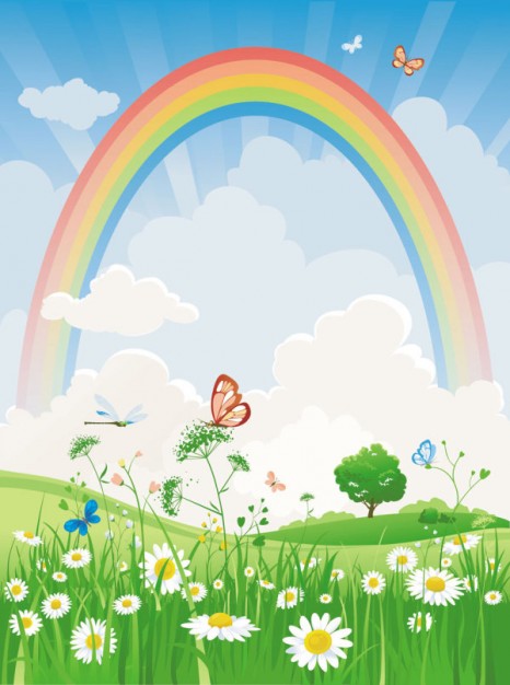 Cartoon Rainbow landscape with flowers grassland