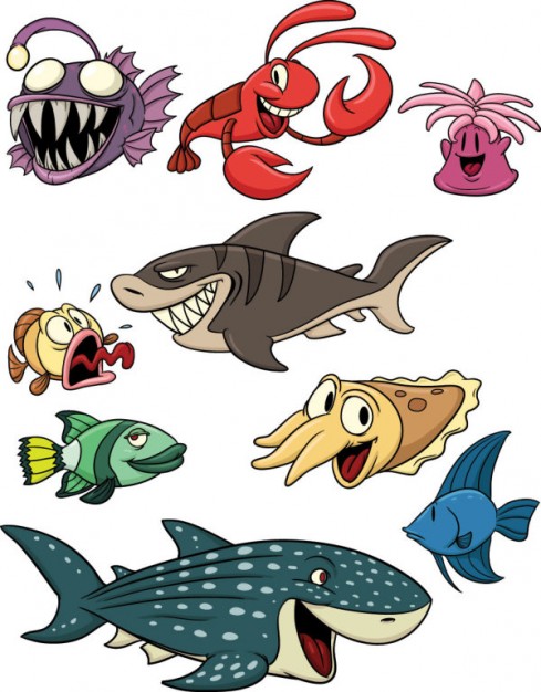 Cartoon sea animals vector material like whale shark lamp fish