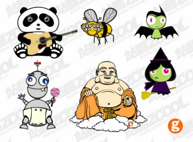 cartoon setting material with panda bee buddha