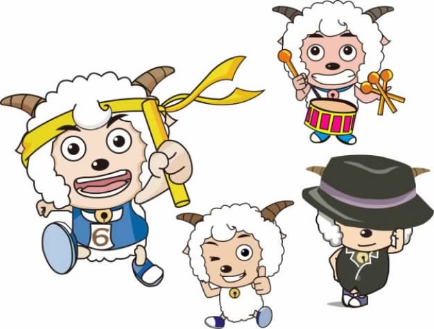 cartoon sheep characters material with slingshot or hat or drum