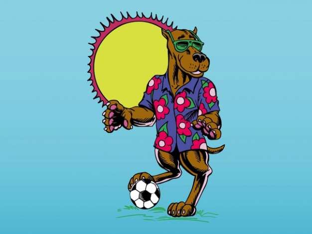 Cartoon soccer dog with T-shirt and sun at back