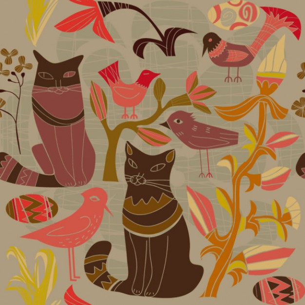 Cartoon style decorative birds and elegant cats and flowers