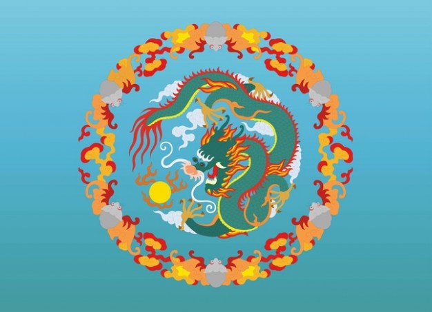 circle Graphics with Dragon in middle and clouds at border