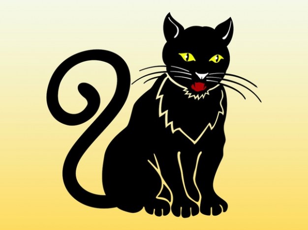 Clean black cat front view with earth yellow background domesticated animal