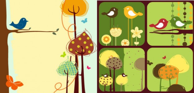 colorful bird Vector theme with branch owl pair tree