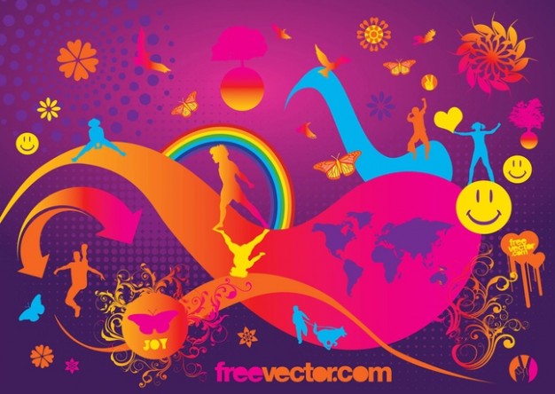 colorful Joy Vector with whale giraffe firework halloween people rainbow