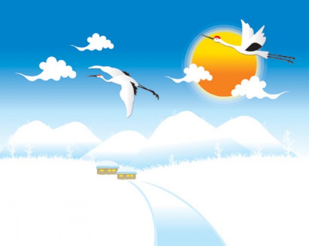 cranes flying in snowy landscape with blue sky and cloudy yellow sun