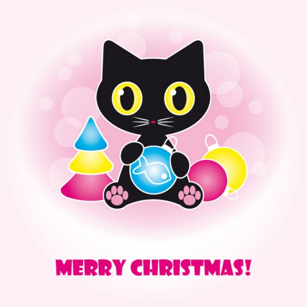 Cute black cat in front view Vector with pink bubbles background