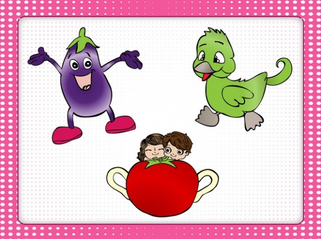 Cute Cartoon design pack including aubergine tomato green duck