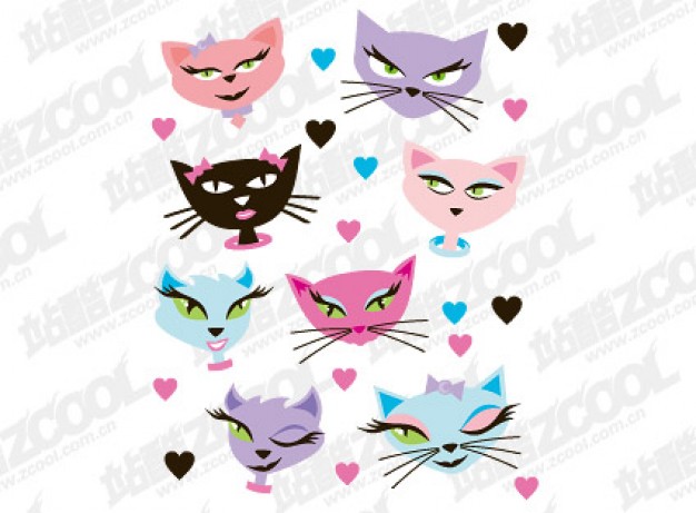 Cute cat heads cartoon vector material with colorful heart