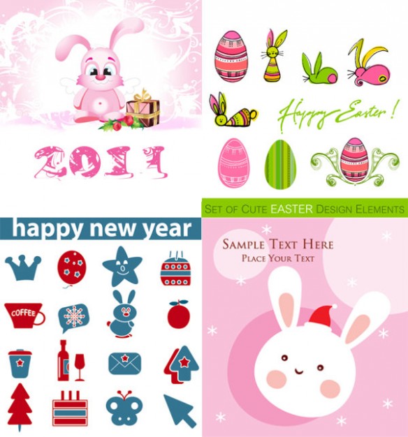 cute easter Cartoon elements like rabbit and icons