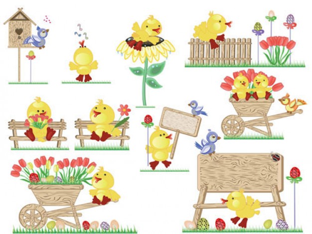 Cute Easter egg chicks jumping on bail vector material