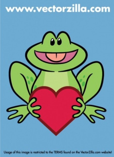 cute frog front view holding a heart over blue background