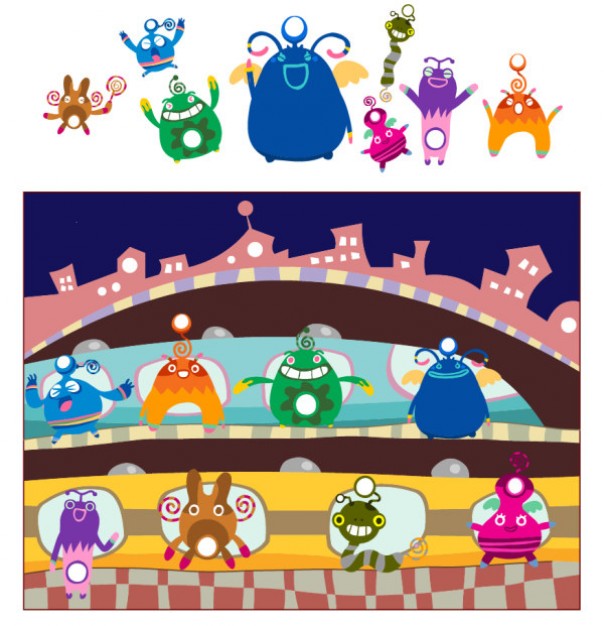 Cute monsters standing castle vector material