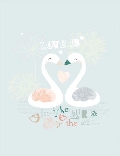 Cute Swan pair cartoon vector material with light blue background