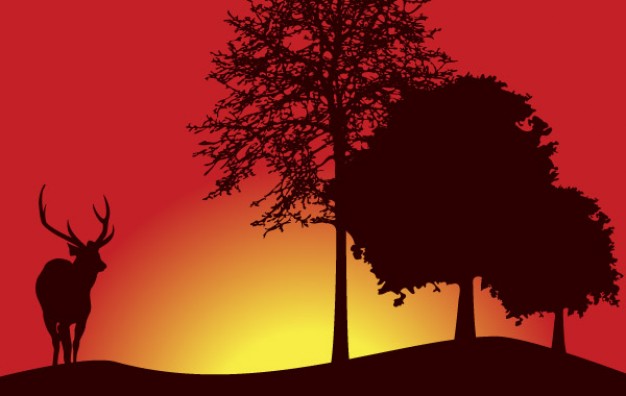 tree landscape vector with deer at the sunset