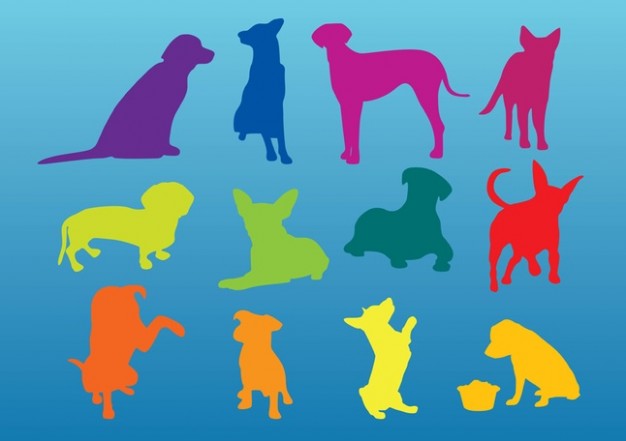 Dogs Silhouettes in different color with blue background