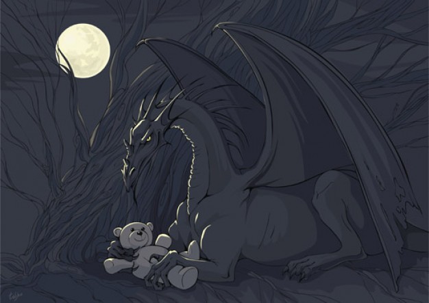 dragon with teddy over night forest background