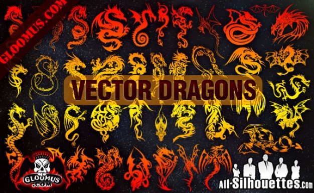 Dragons Silhouettes Vector in golden and red yellow