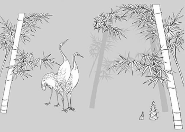 drawing of plant bamboos and cranes vector material of Chinese style