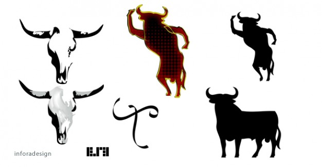 Spanish bull silhouette including bull skull and dancing bull