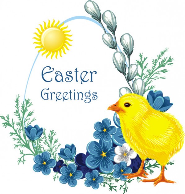 Easter Chick standing at side of flower circle Vector