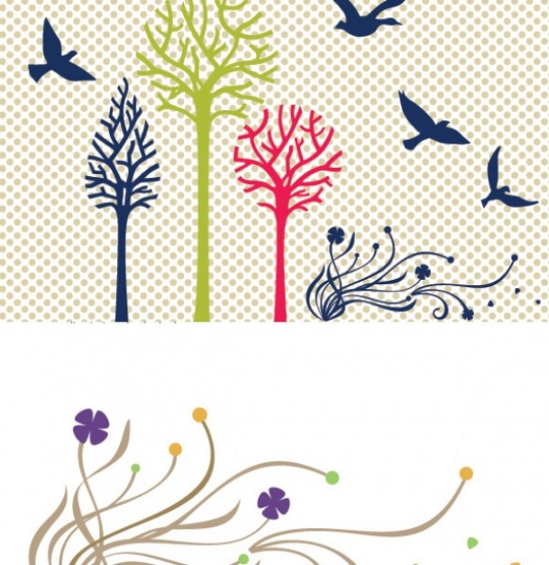 Birds trees colorful silhouettes set with gray grid background