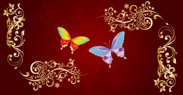 elegant Golden ornament with butterfly over red background