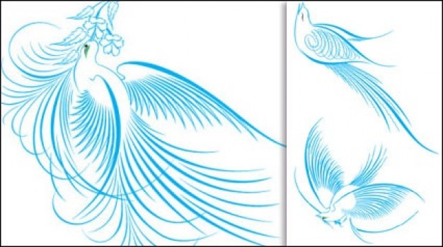 Abstract graceful birds drawing in light blue