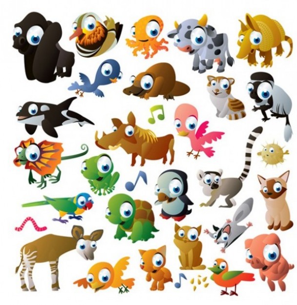 colorful cartoon sea moutain animals with big eyes set
