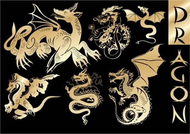 European golden dragons with black background