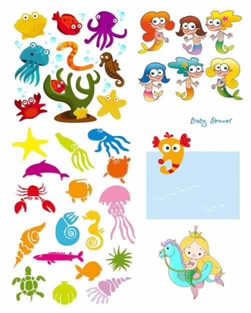 cartoon marine life set including octopus snake shark etc