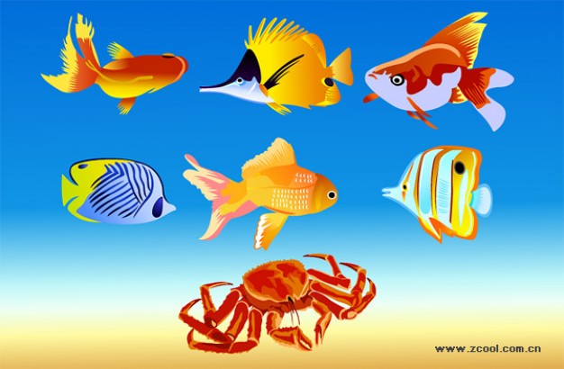 Fish and crabs vector material over blue and beach background