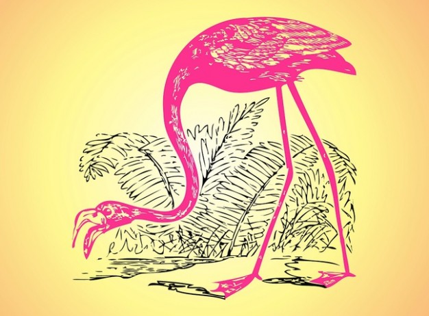 Flamingo bird and plants sketch vector over earth yellow background