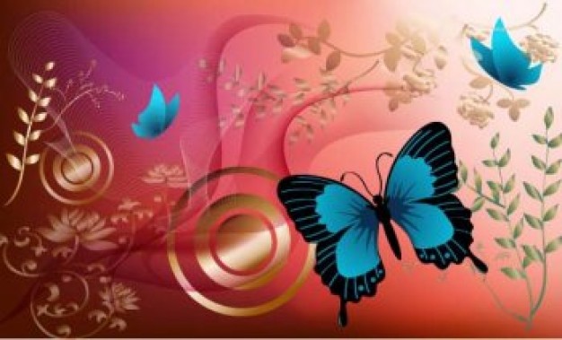 Flowers and Blue Butterfly Graphics with Red Background Vector Design