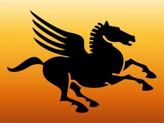Flying horse wings vector silhouettes over orange background
