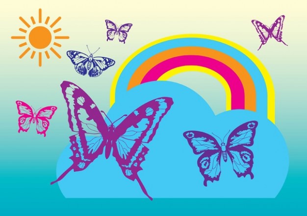 Free Vectors with Butterflies rainbow sun and blue at bottom