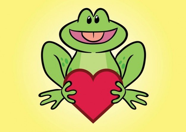 Frog with red heart Comic Character over yellow background