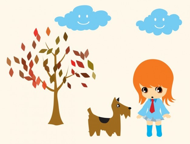 Girl and Dog Walking with tree and clouds