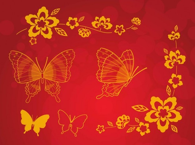 Golden butterflies greeting card with red background